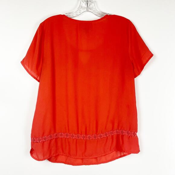 Skies Are Blue Anthroplogie Coral Orange Relaxed Fit Blouse Lace Womens Size Med - Picture 8 of 11